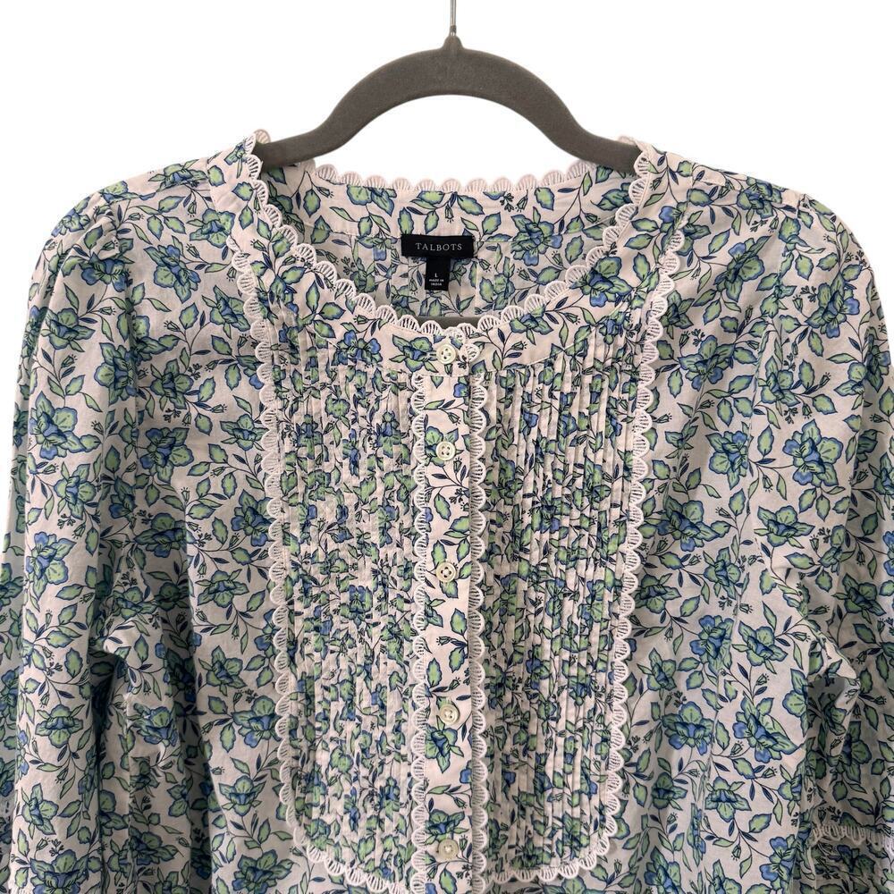 Talbots Scallop Lace Trim Top in Blooming "Daffodils" Floral Size Large - Picture 5 of 11
